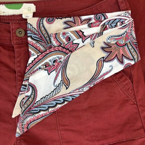 Anthropologie Women's Red Brushed Cotton Pants w/ Fabric Belt – Size 32 - Picture 12 of 12